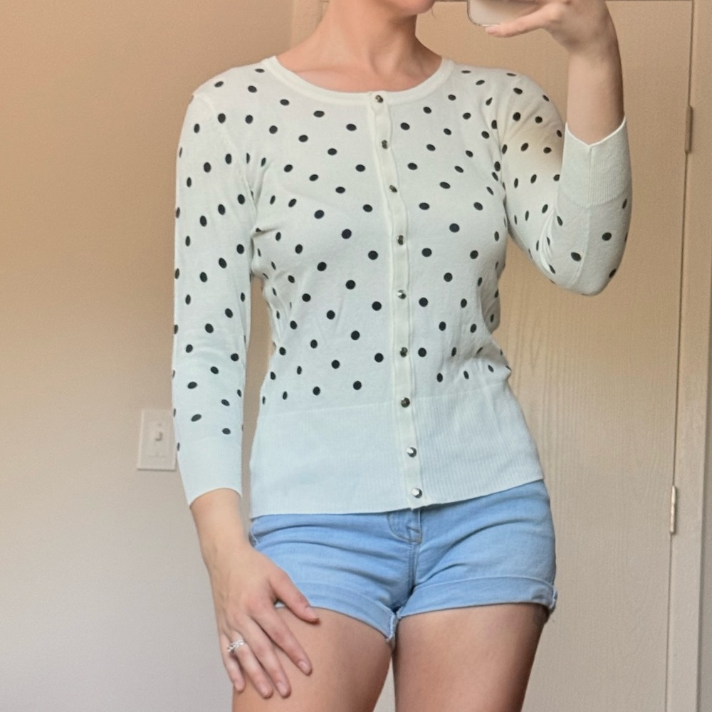 Chic White Black Dressy Polka Dot Button Up Shirt